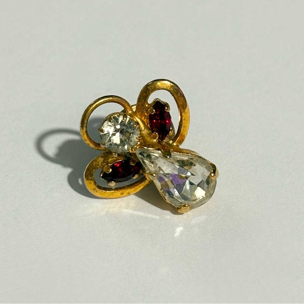 Vintage Angel Pin Gold Tone Clear And Red Wing Rhinestones